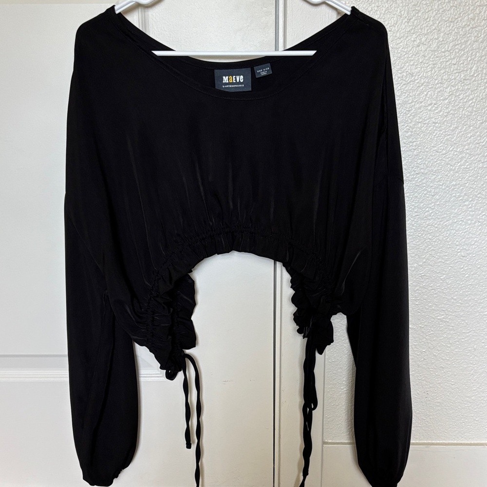 Maeve Black Cropped Drawstring Long Sleeve Top One Size